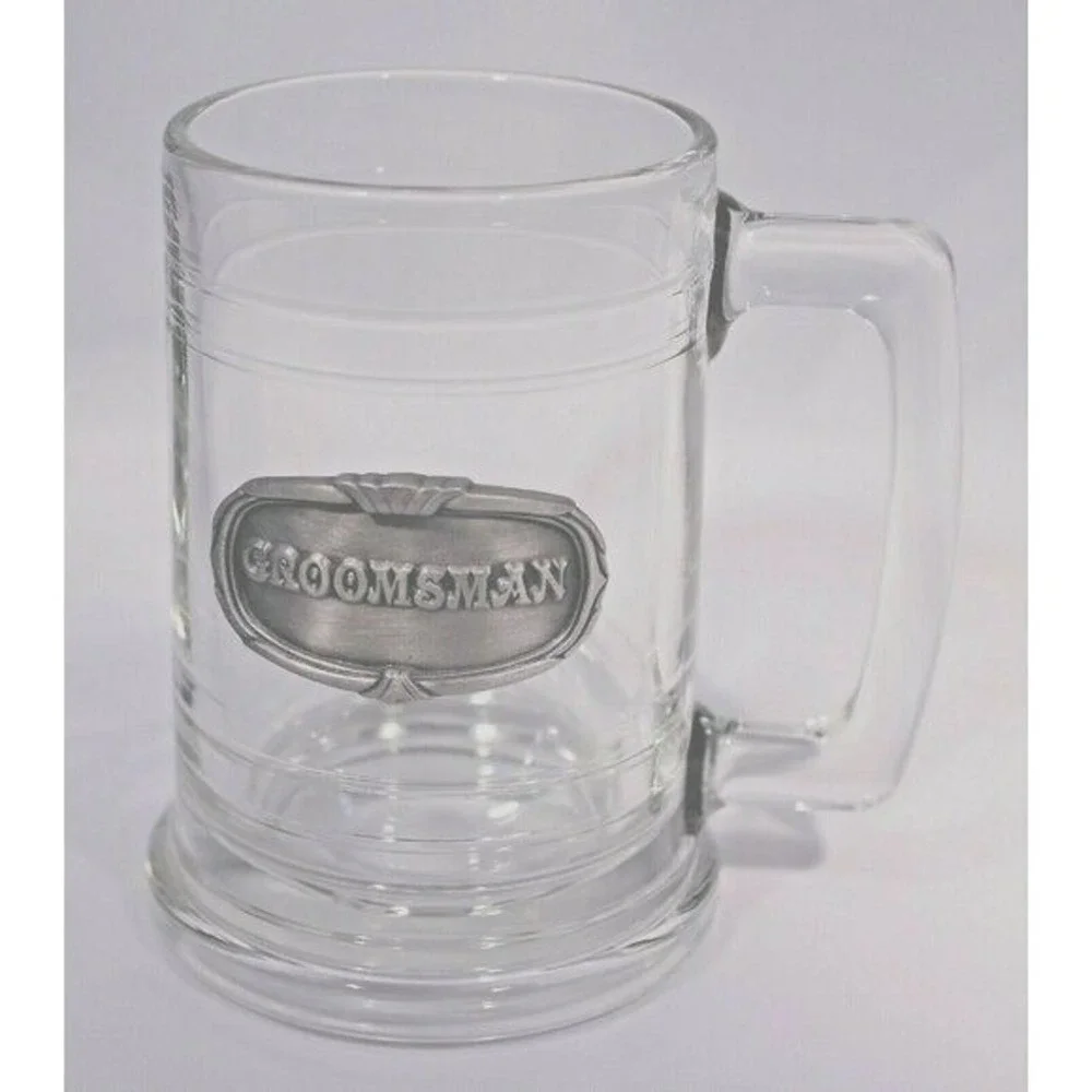 Beer Mug Groomsman Clear Glass Pewter Medallion Stein‎